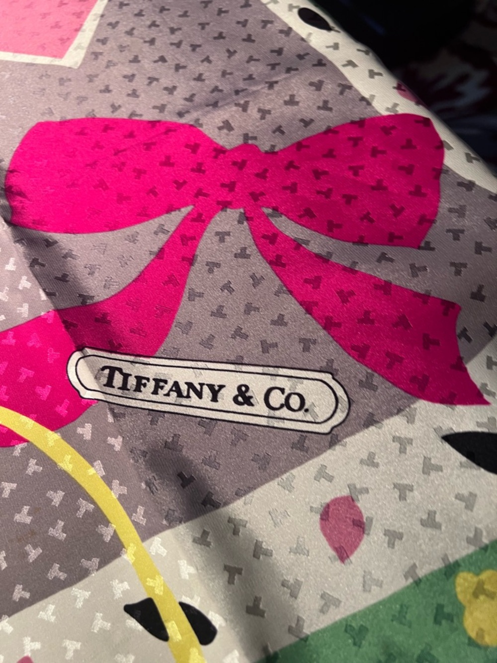 Tiffany & Co. Pink Gray Green Yellow Print Silk Scarf 34” x 34”. Signed.